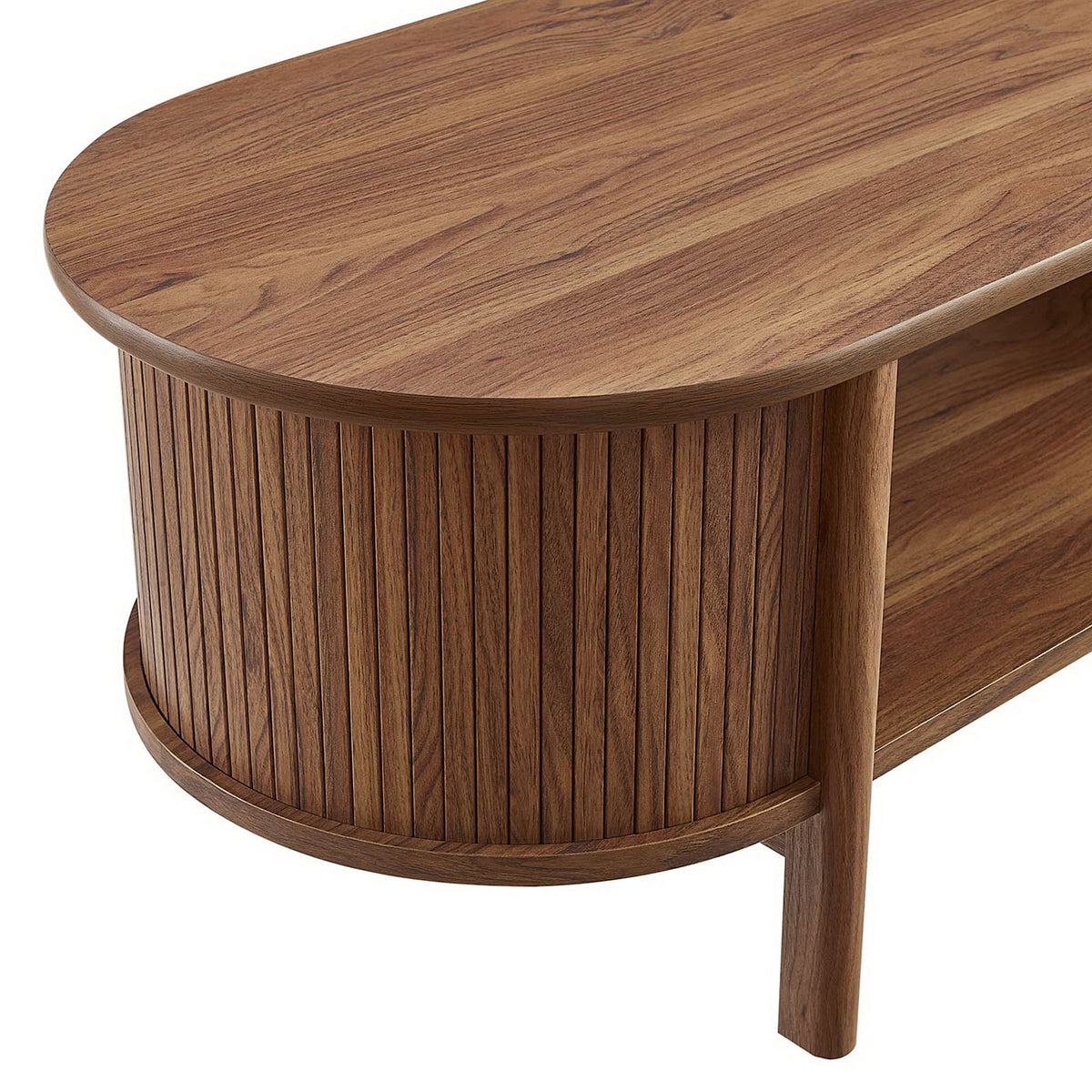 Fluted paneling and a smooth beveled tabletop edge in a warm walnut wood grain || EEI-6837-WAL || detail_studio