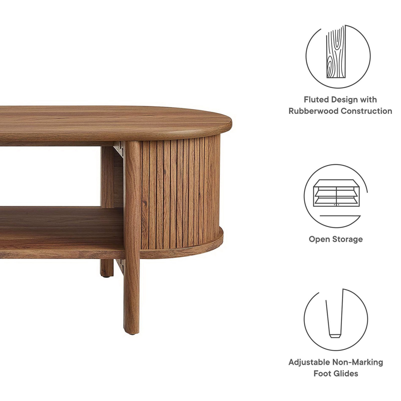 Fluted design, open storage shelf, and adjustable non-marking glides for stable placement || EEI-6837-WAL || callout_studio