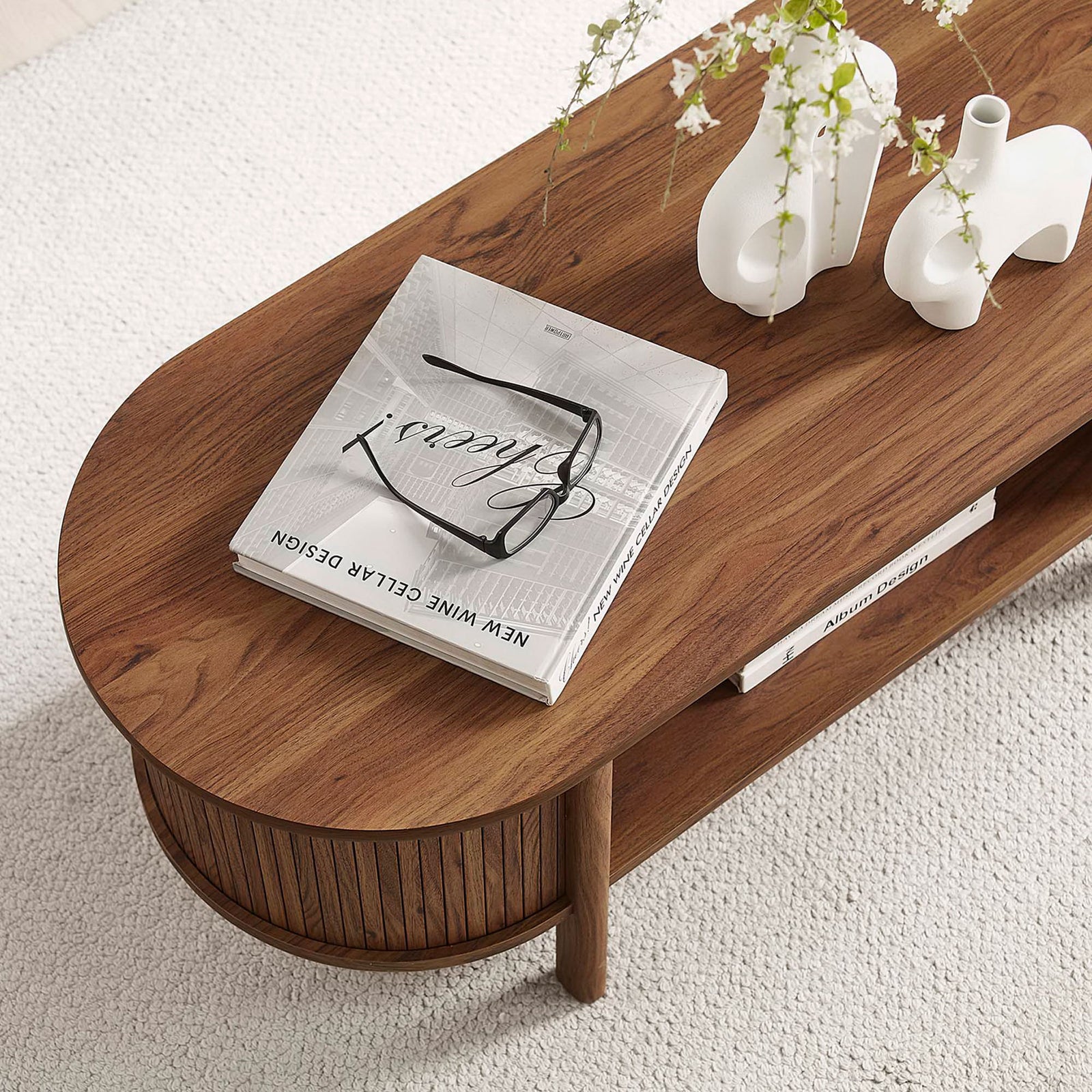 Wood grain tabletop offers a natural surface for books, decor, and everyday use || EEI-6837-WAL || detail_room