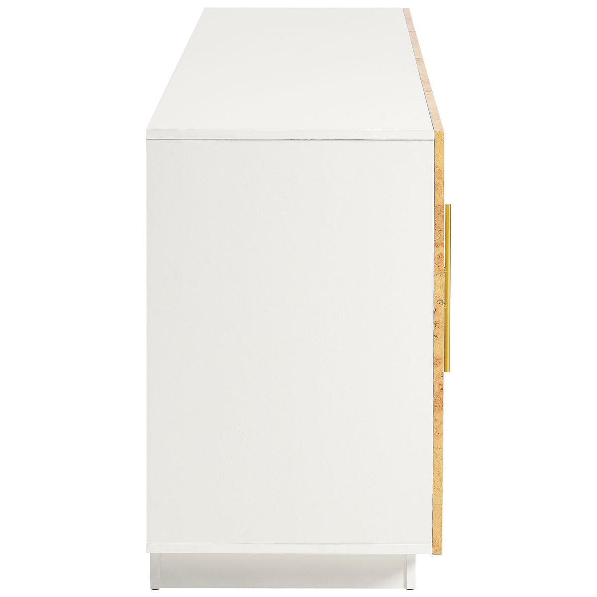 Clean white cabinet profile highlighting the sleek modern silhouette and plinth base || EEI-6847-WHI-BUR || side_studio
