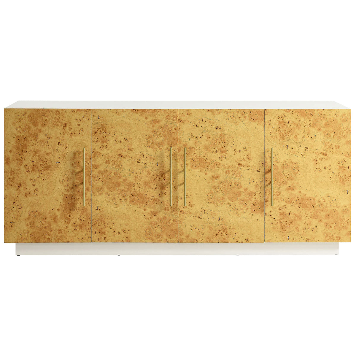 Burl wood front sideboard with white frame and gold-tone pulls for stylish storage || EEI-6847-WHI-BUR || front_studio