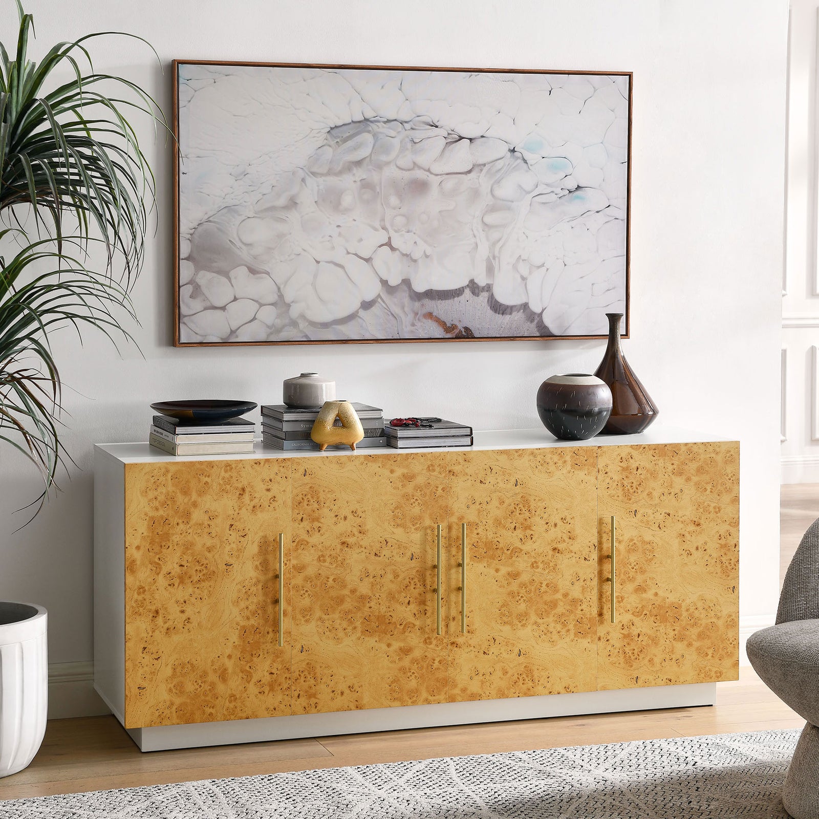 Burl wood sideboard styled with decor accents to add warmth to a bright living room || EEI-6847-WHI-BUR || front_angle_room