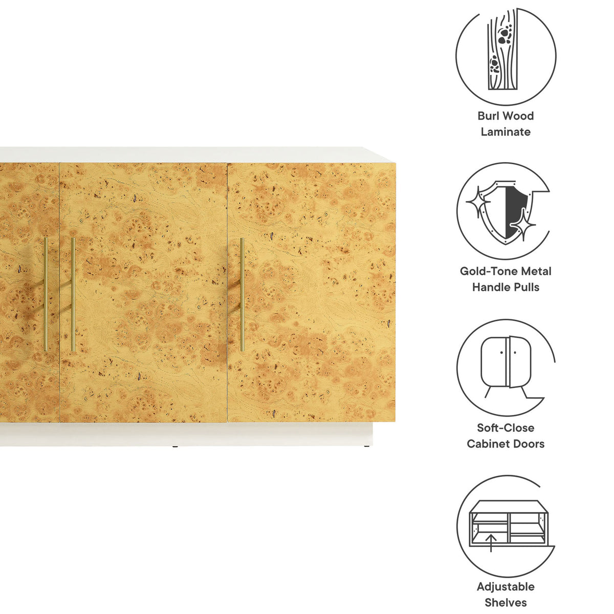 Feature callouts highlight burl wood laminate, gold-tone pulls, and soft-close doors || EEI-6847-WHI-BUR || callout_studio