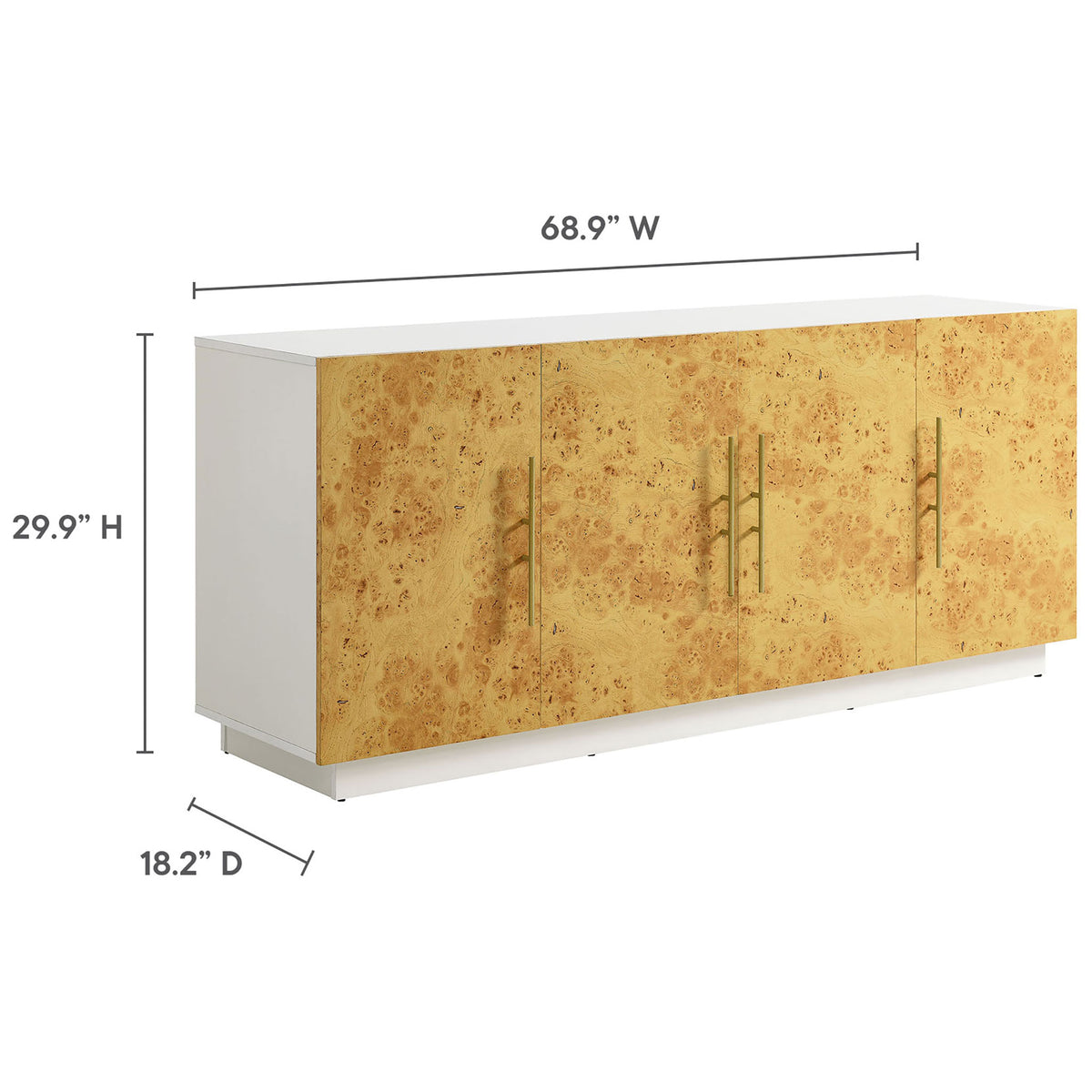 Dimension diagram displaying overall width, height, and depth of the Abel sideboard || EEI-6847-WHI-BUR || dimension_studio