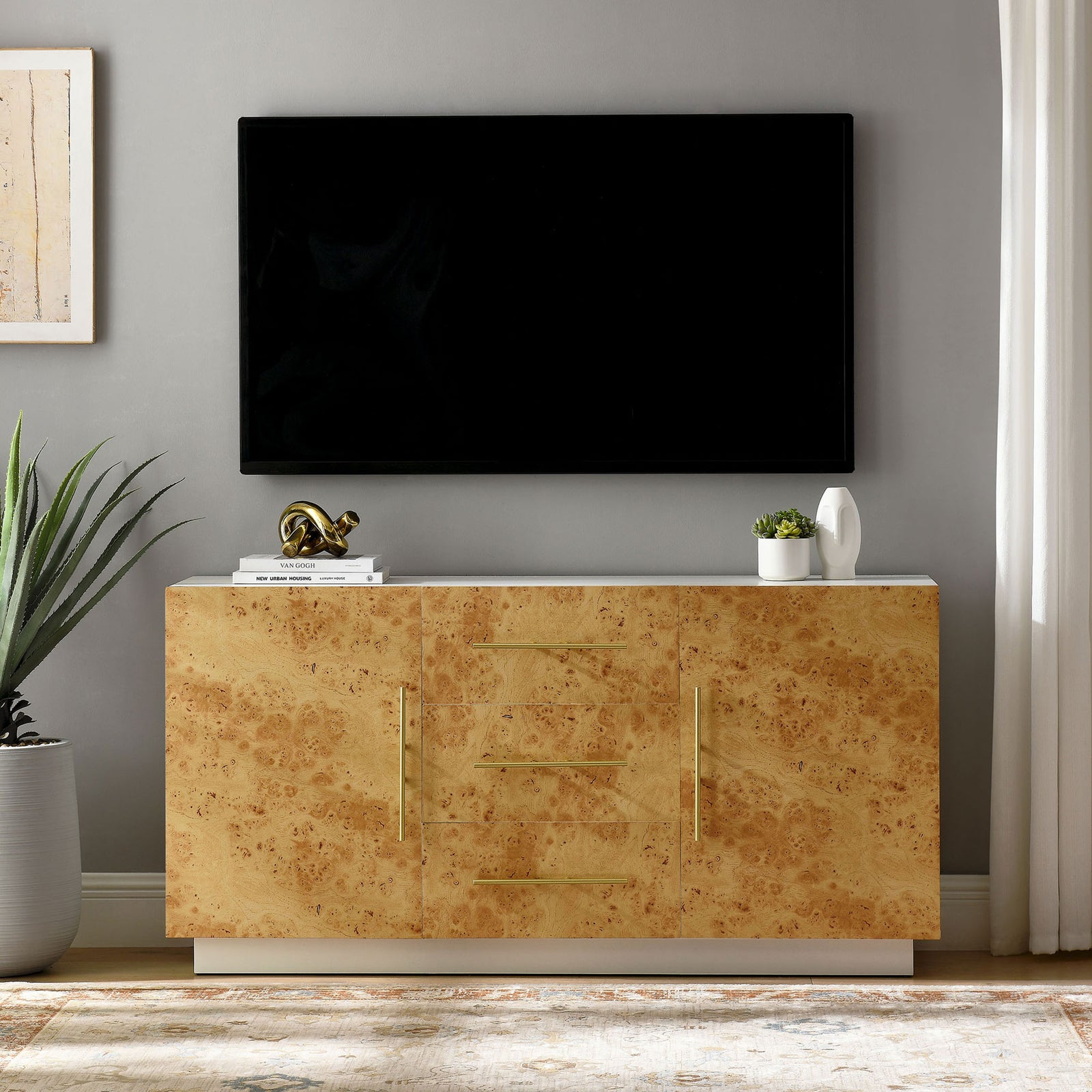 Sideboard doubles as a sleek media console, supporting wall-mounted TVs and stylish living room decor || EEI-6848-WHI-BUR || front_room