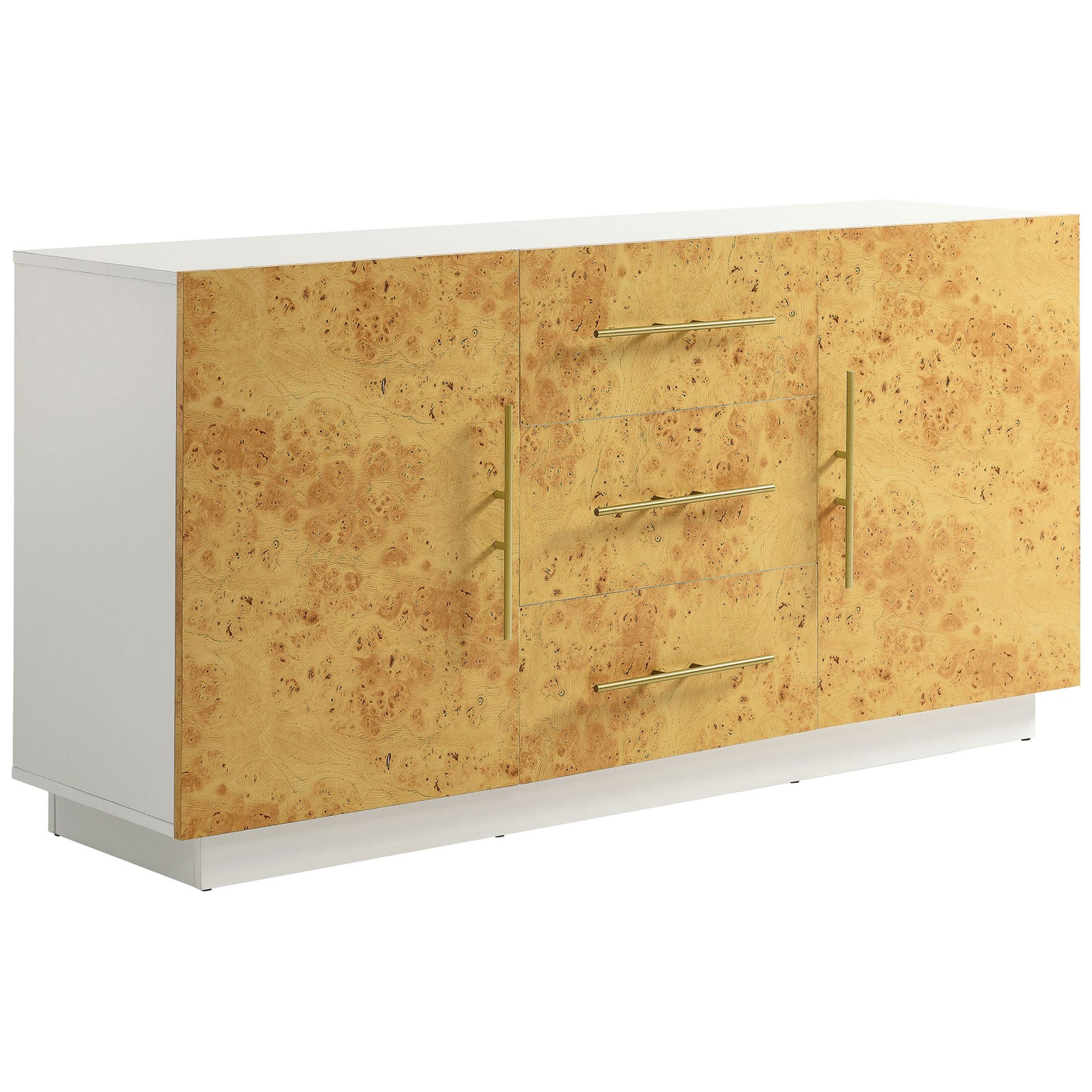 Two-tone sideboard with white case and burl wood front offering chic modern storage for living or dining spaces || EEI-6848-WHI-BUR || front_angle_studio