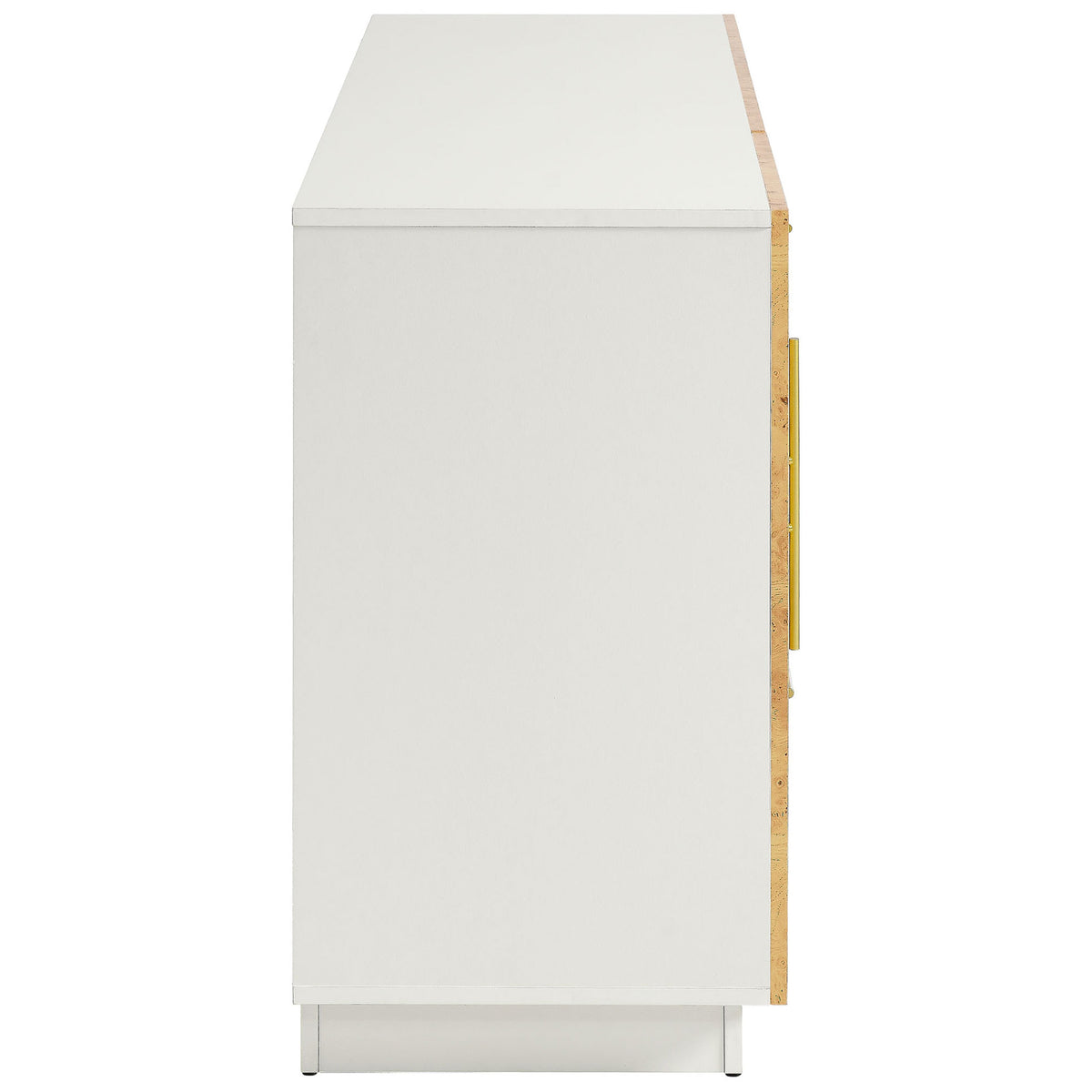 Slim profile view of the white cabinet body highlighting its clean, flush sides and minimalist plinth base || EEI-6848-WHI-BUR || side_studio
