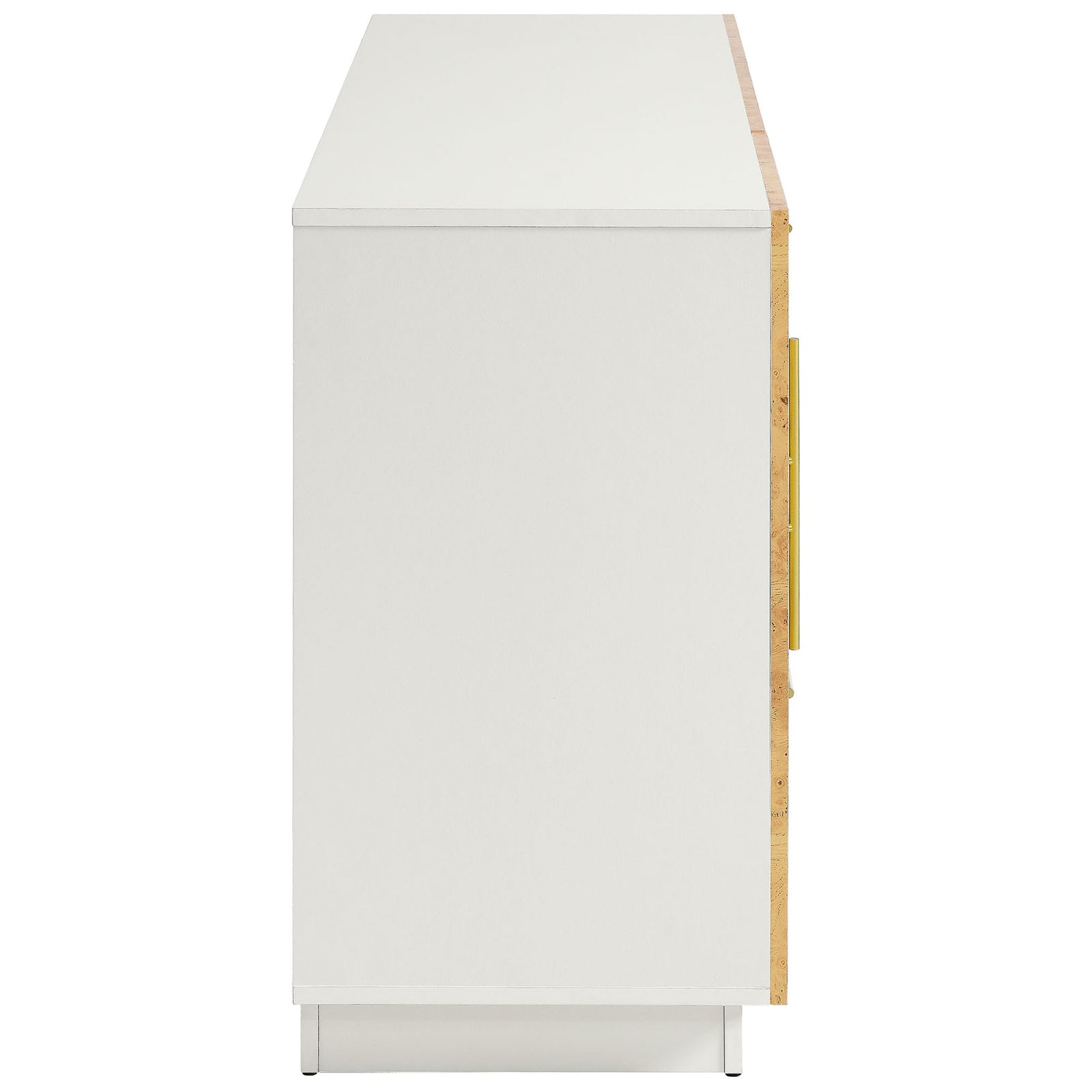 Slim profile view of the white cabinet body highlighting its clean, flush sides and minimalist plinth base || EEI-6848-WHI-BUR || side_studio
