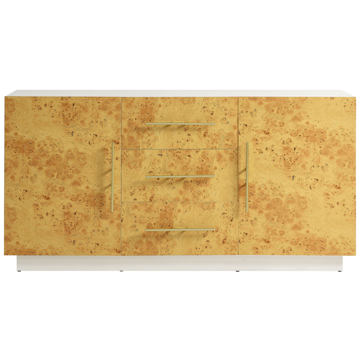 White and burl wood sideboard with three center drawers and two doors accented by slim gold metal pulls || EEI-6848-WHI-BUR || front_studio