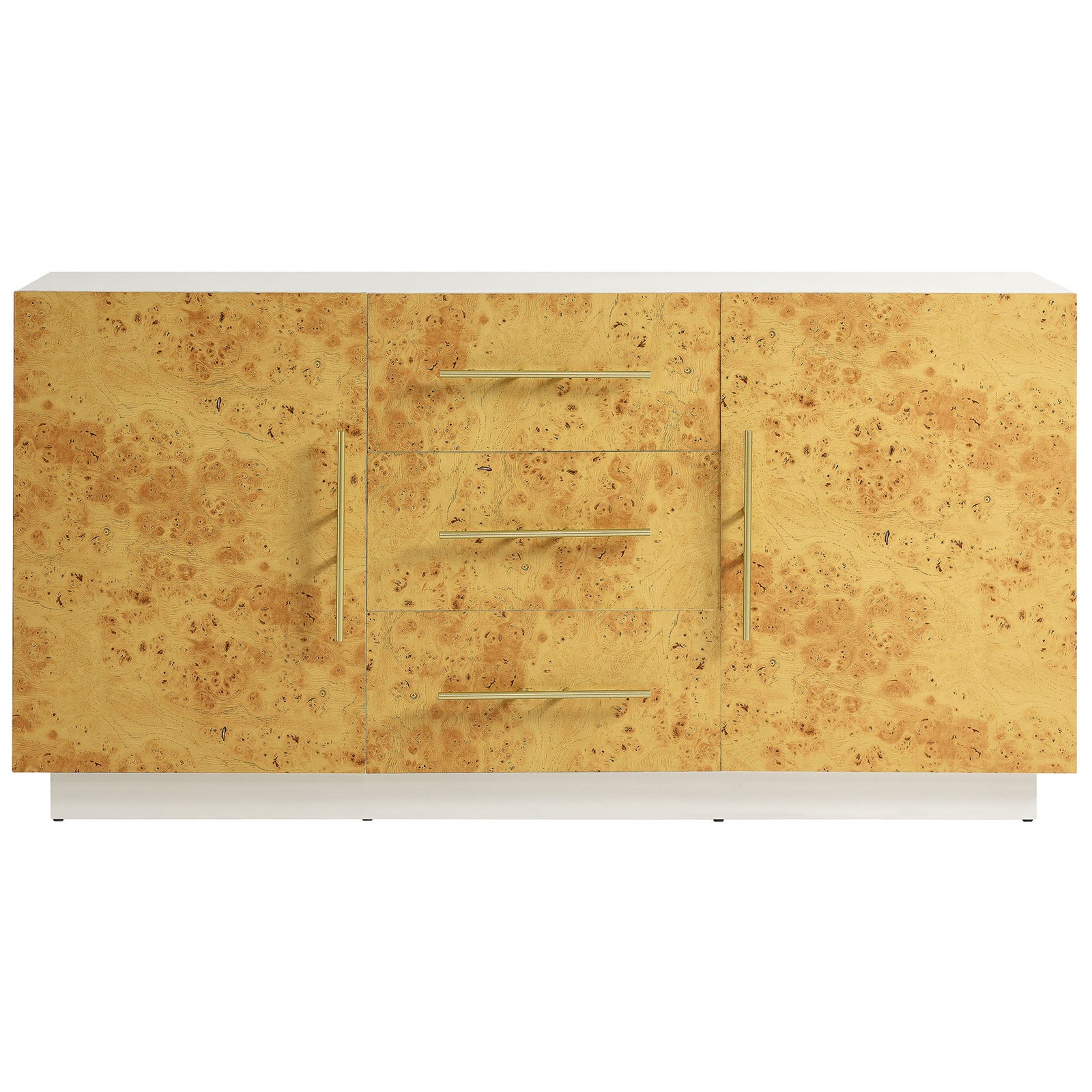 White and burl wood sideboard with three center drawers and two doors accented by slim gold metal pulls || EEI-6848-WHI-BUR || front_studio