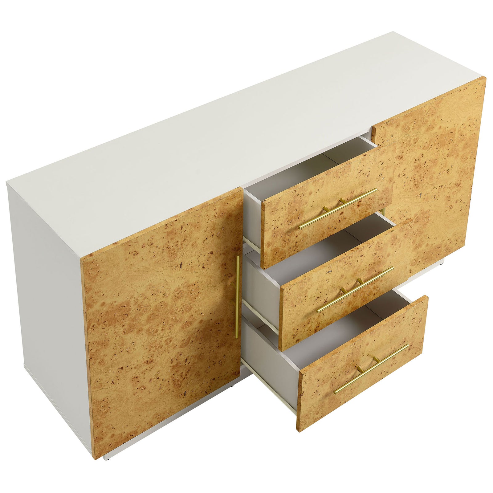 White and burl wood sideboard with all three drawers open to reveal spacious, easy-access storage || EEI-6848-WHI-BUR || top_angle_open_studio