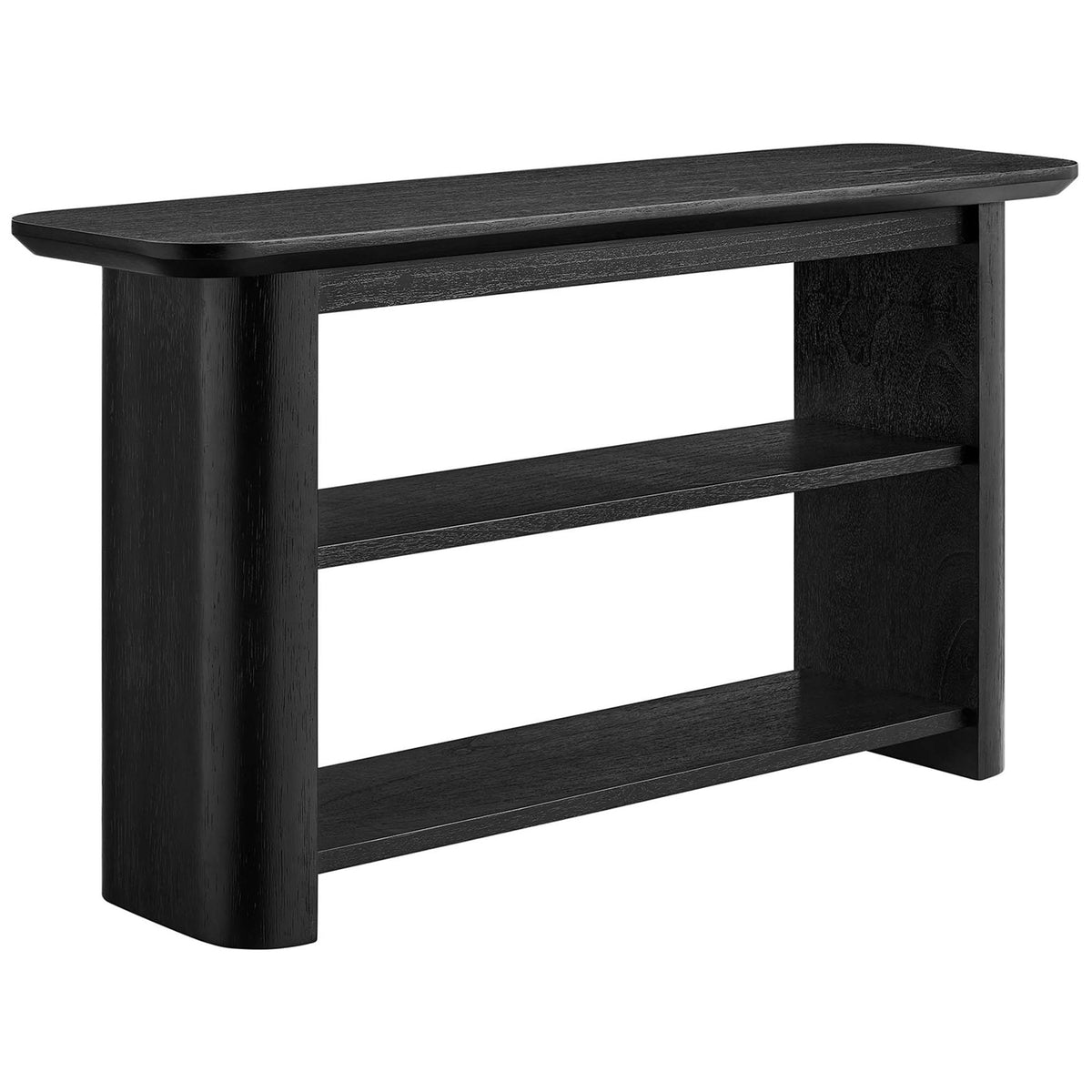 Streamlined black console table with rounded corners and dual open shelves for books and decor || EEI-6849-BLK || front_angle_studio
