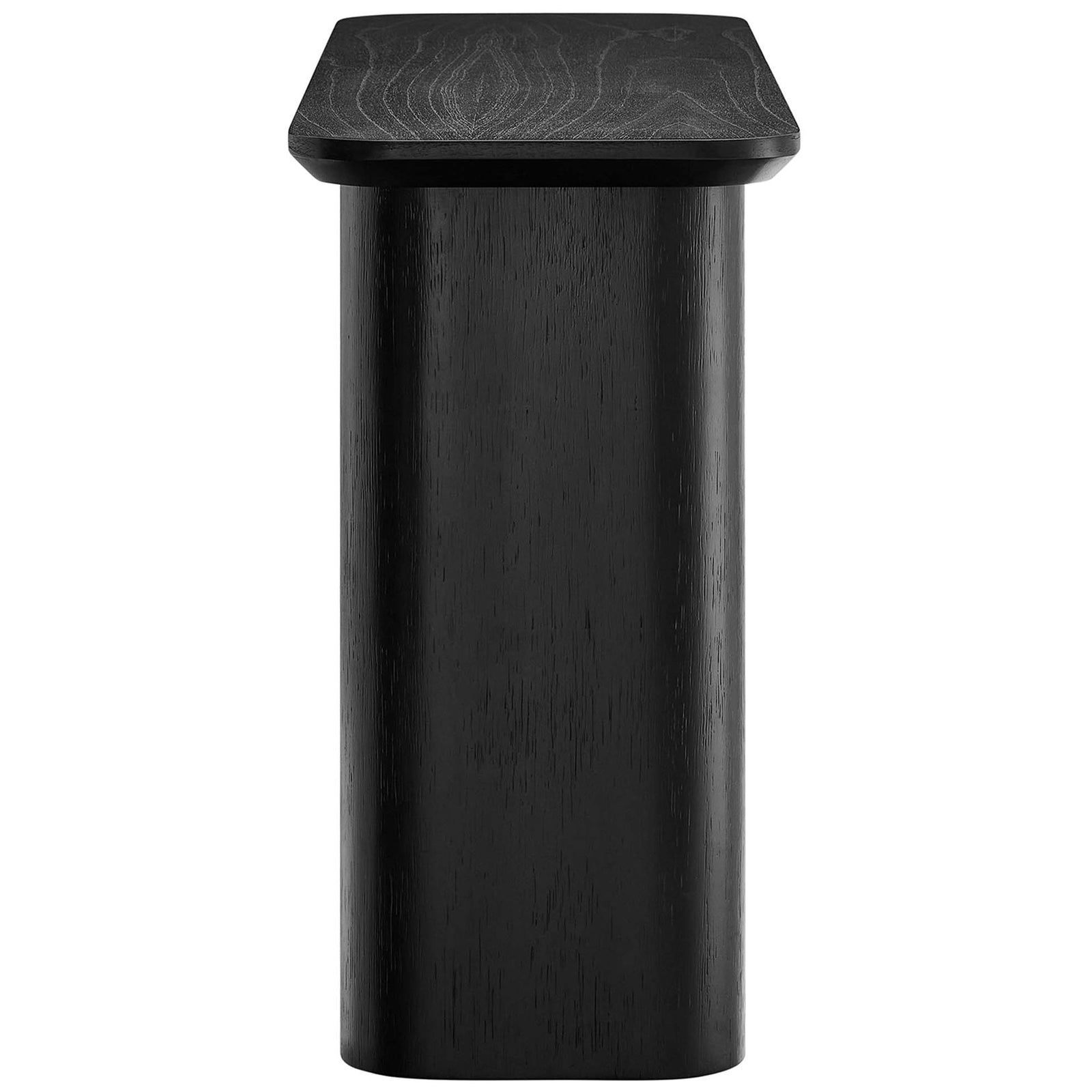 Sculpted pillar-style sides and a slim profile create a modern console with open shelving || EEI-6849-BLK || side_studio