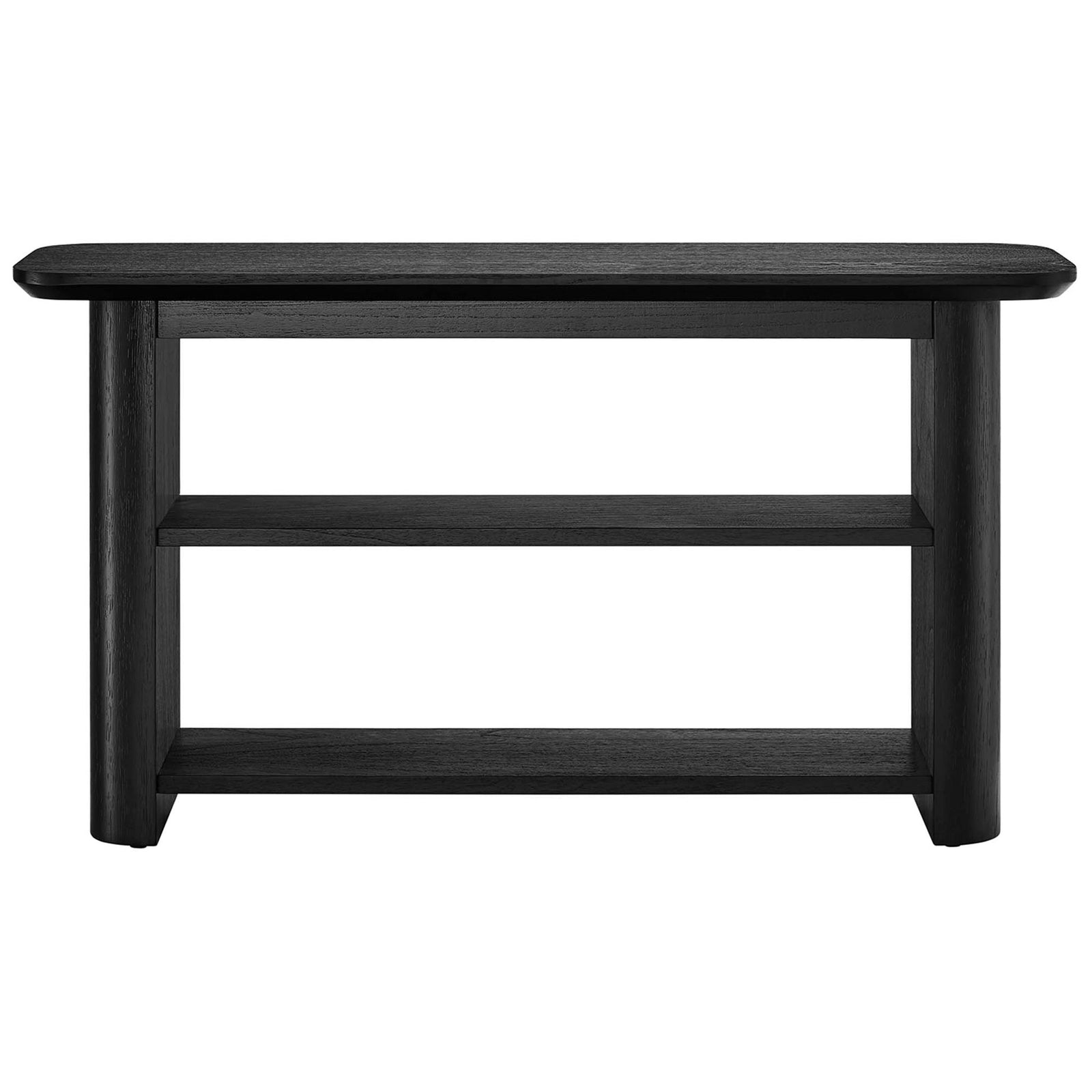 Generous tabletop and two wide open shelves offer display and storage in a rich black wood grain finish || EEI-6849-BLK || front_studio