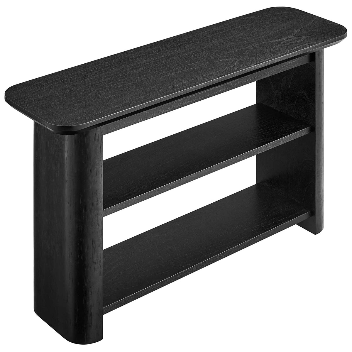 Rounded edges and a softly curved silhouette define this black console with two open shelves || EEI-6849-BLK || front_angle_studio