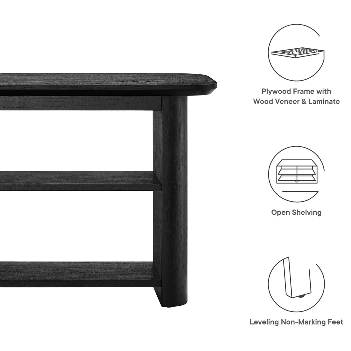 Key features: Plywood frame with wood veneer and laminate, open shelving, and leveling non-marking feet || EEI-6849-BLK || callout_studio