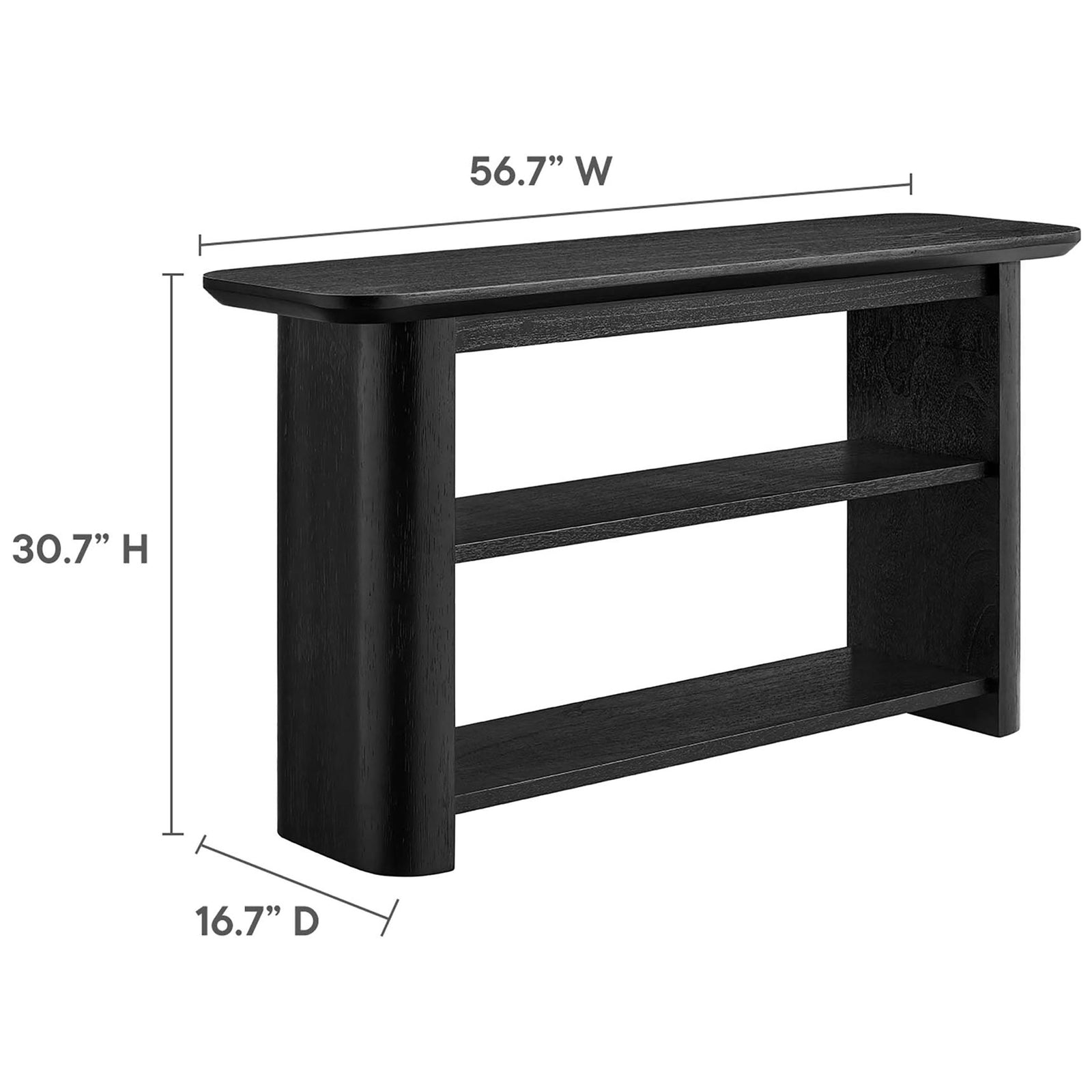 Measures 56.7 in W x 16.7 in D x 30.7 in H for a slim, spacious console with two open shelves || EEI-6849-BLK || dimension_studio