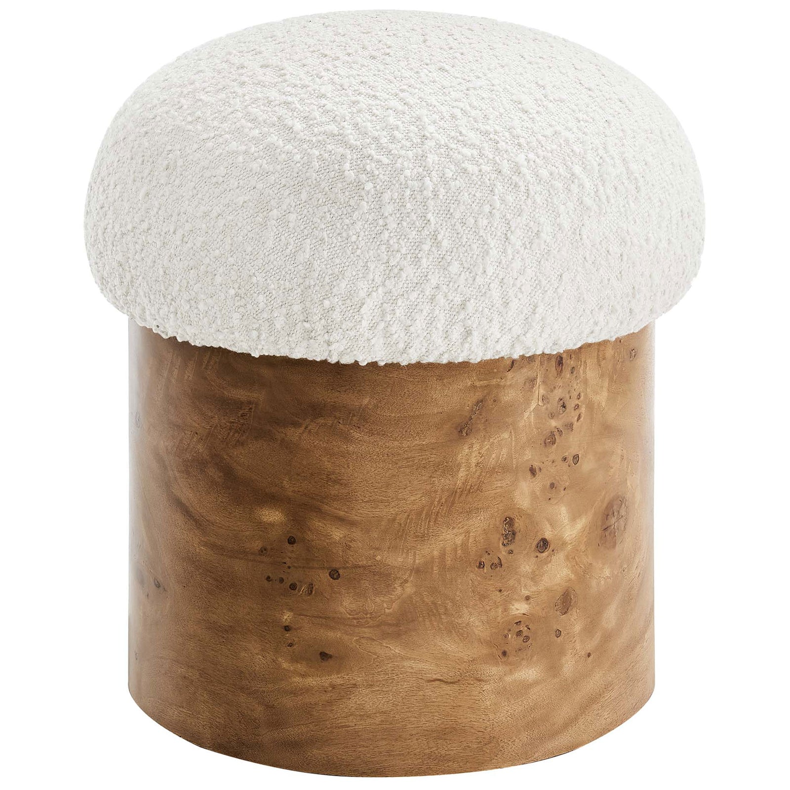 Ivory boucle mushroom ottoman with sculpted burl wood base for modern warmth || EEI-6850-IVO-BUR || front_angle_studio