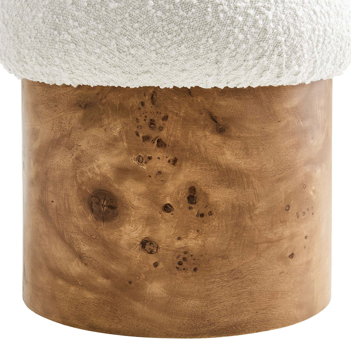 Contrast of ivory boucle top and cylindrical burl wood base for sculptural appeal || EEI-6850-IVO-BUR || detail_studio