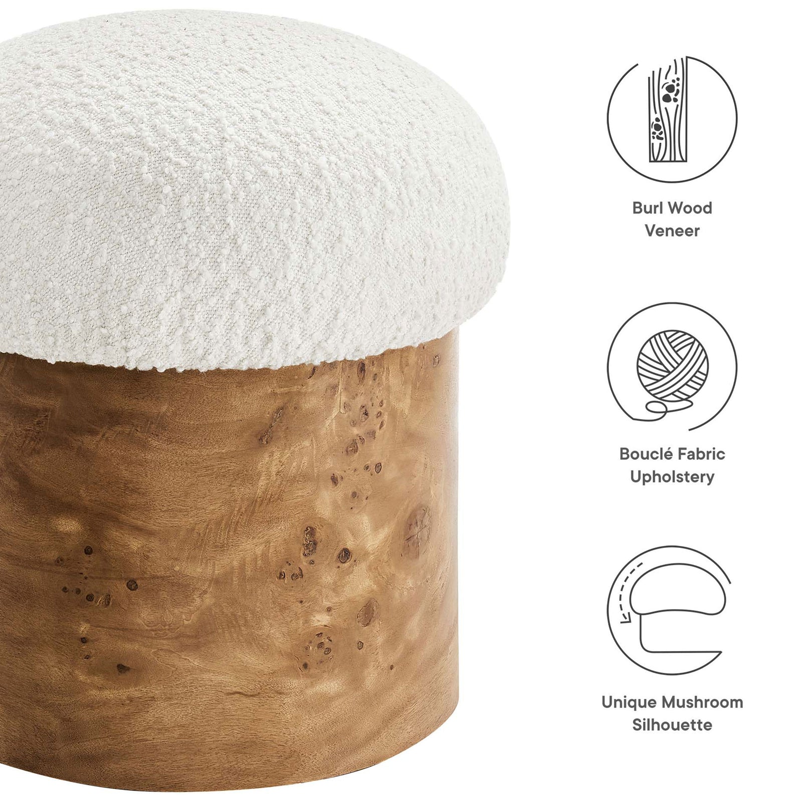 Boucle ottoman with icons calling out burl wood veneer, boucle fabric, and mushroom silhouette || EEI-6850-IVO-BUR || callout_studio
