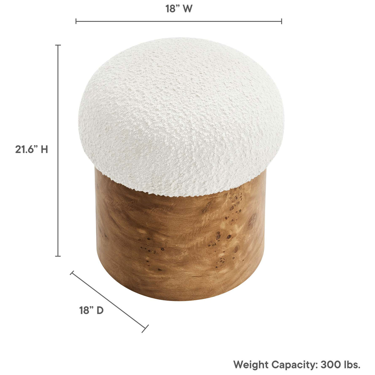 Dimension view of Breeze boucle ottoman with labeled height, width, depth, and weight capacity || EEI-6850-IVO-BUR || dimension_studio