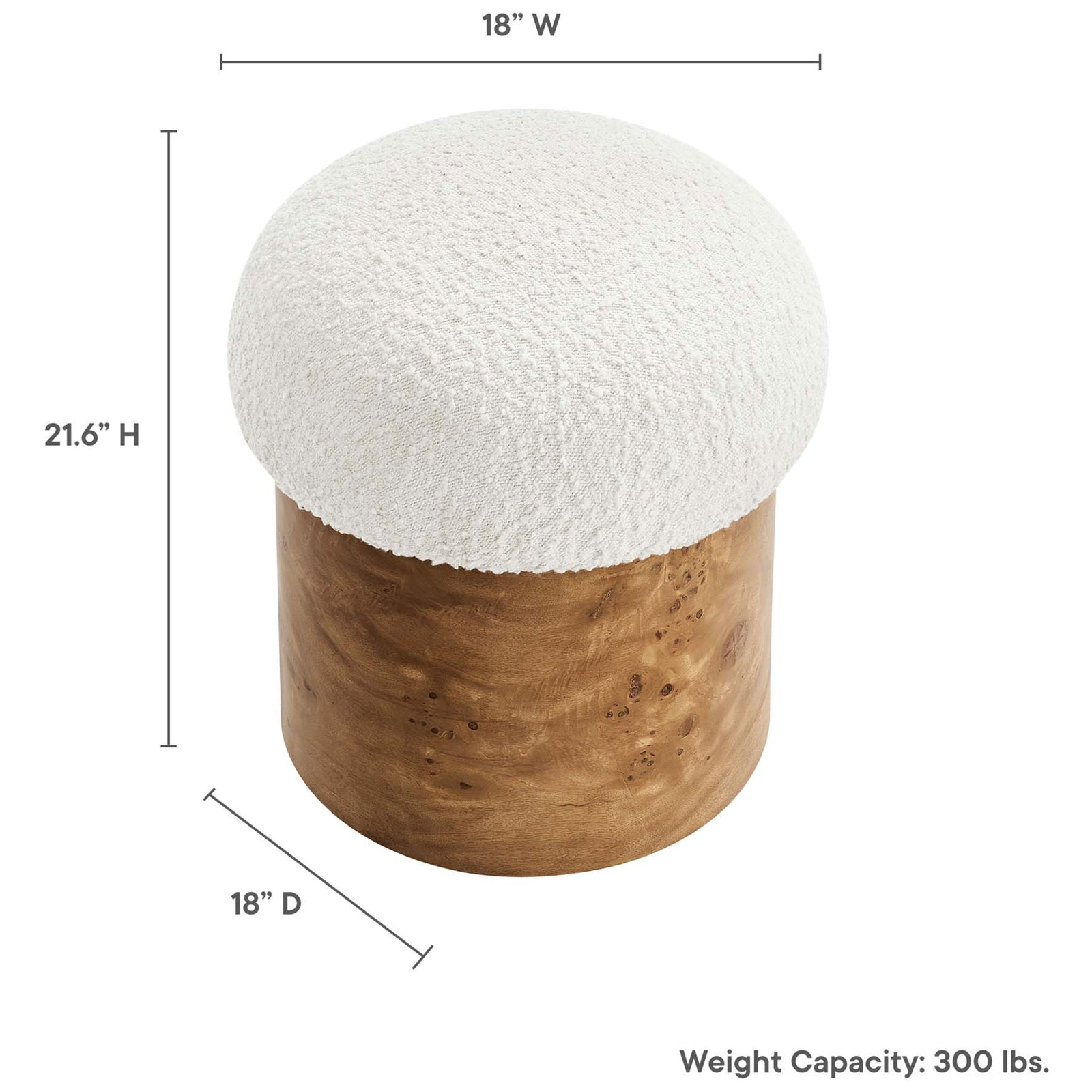 Dimension view of Breeze boucle ottoman with labeled height, width, depth, and weight capacity || EEI-6850-IVO-BUR || dimension_studio