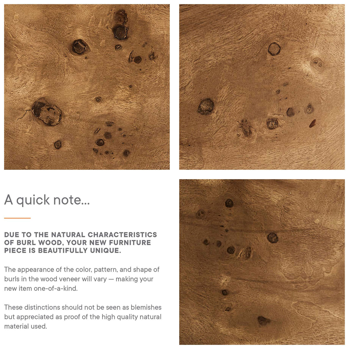 Graphic panels showing natural burl wood variations that make each ottoman visually unique || EEI-6850-IVO-BUR || callout_studio