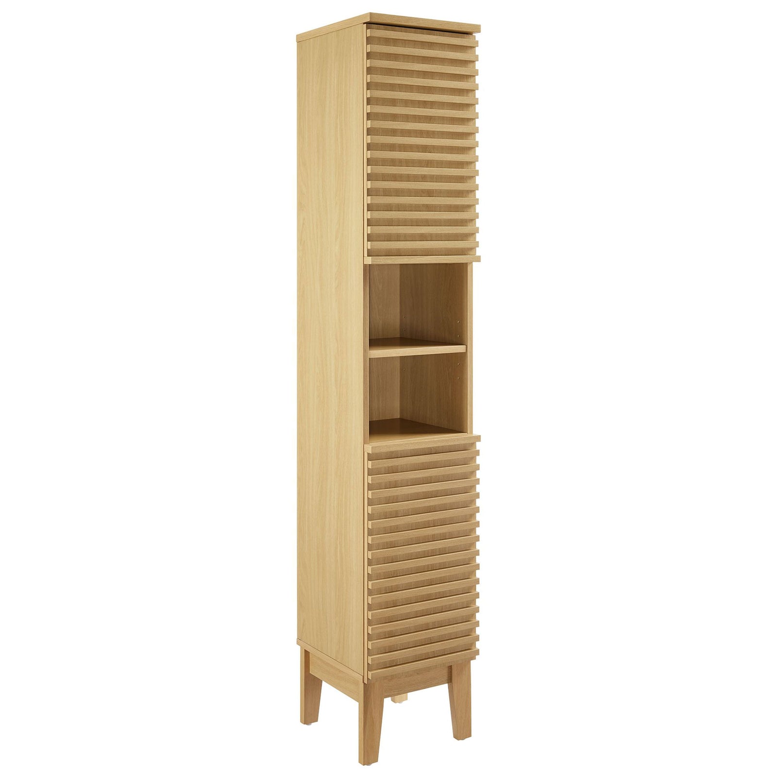 Tall oak cabinet with slatted doors, open center shelf, and tapered legs || EEI-6851-OAK || front_angle_studio
