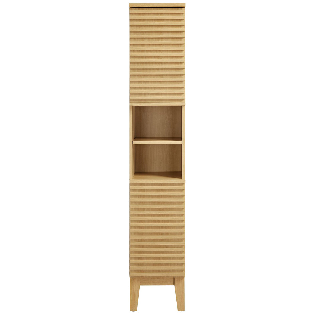 Streamlined oak storage tower with slatted doors and a center display shelf || EEI-6851-OAK || front_studio