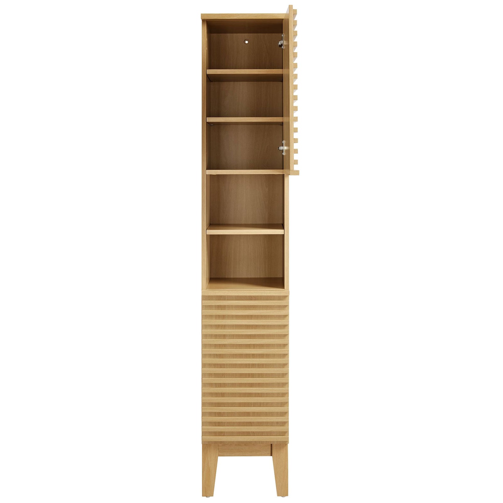 Adjustable shelves behind the slatted door keep bathroom essentials organized || EEI-6851-OAK || front_open_studio
