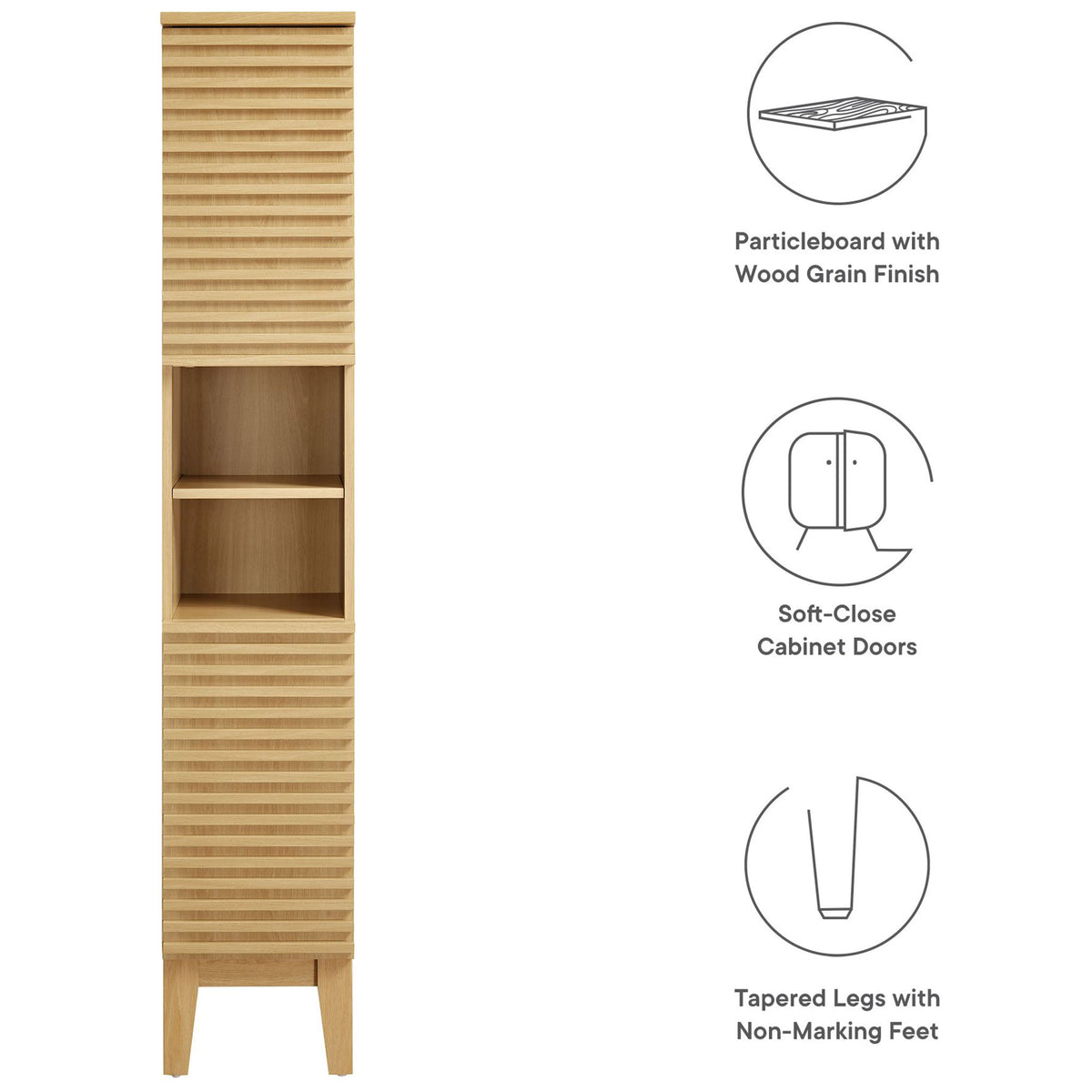 Key features include wood grain finish, soft-close doors, and tapered legs with floor glides || EEI-6851-OAK || callout_studio