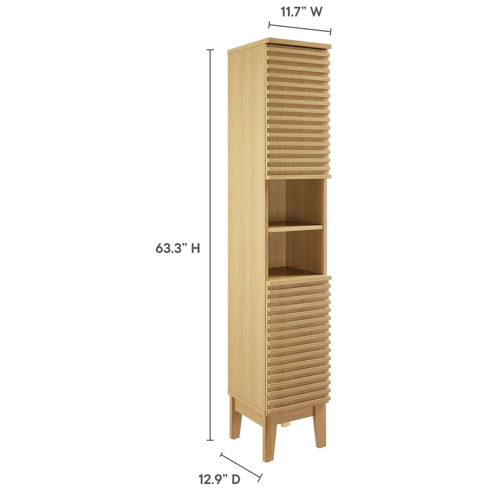 Slim profile cabinet with 63.3 inch height, 11.7 inch width, and 12.9 inch depth || EEI-6851-OAK || dimension_studio