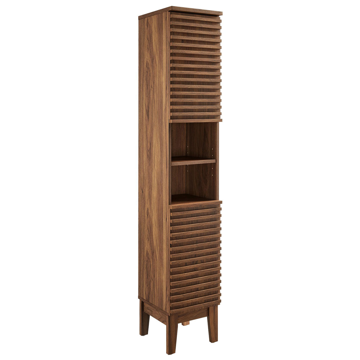 Slim bathroom cabinet brings mid-century style with wood grain laminate and two slatted doors || EEI-6851-WAL || front_angle_studio