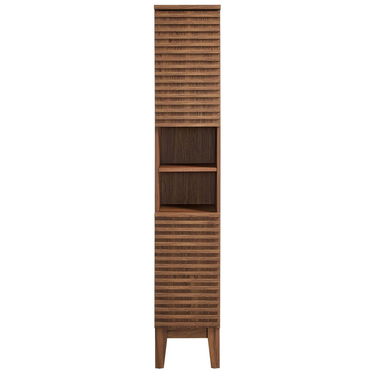 Mid-century walnut tower with slatted doors, open display shelf, and tapered legs || EEI-6851-WAL || front_studio