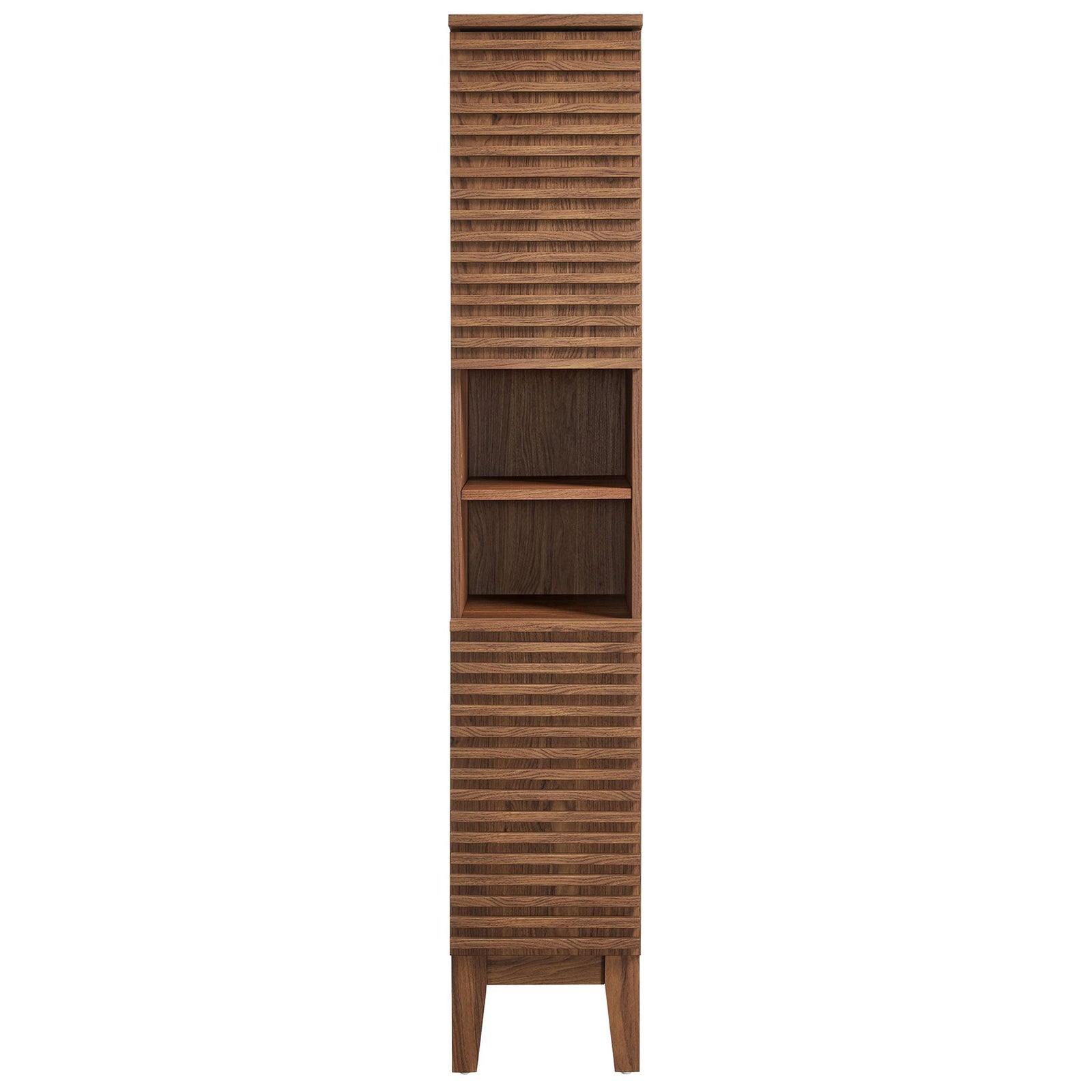 Mid-century walnut tower with slatted doors, open display shelf, and tapered legs || EEI-6851-WAL || front_studio