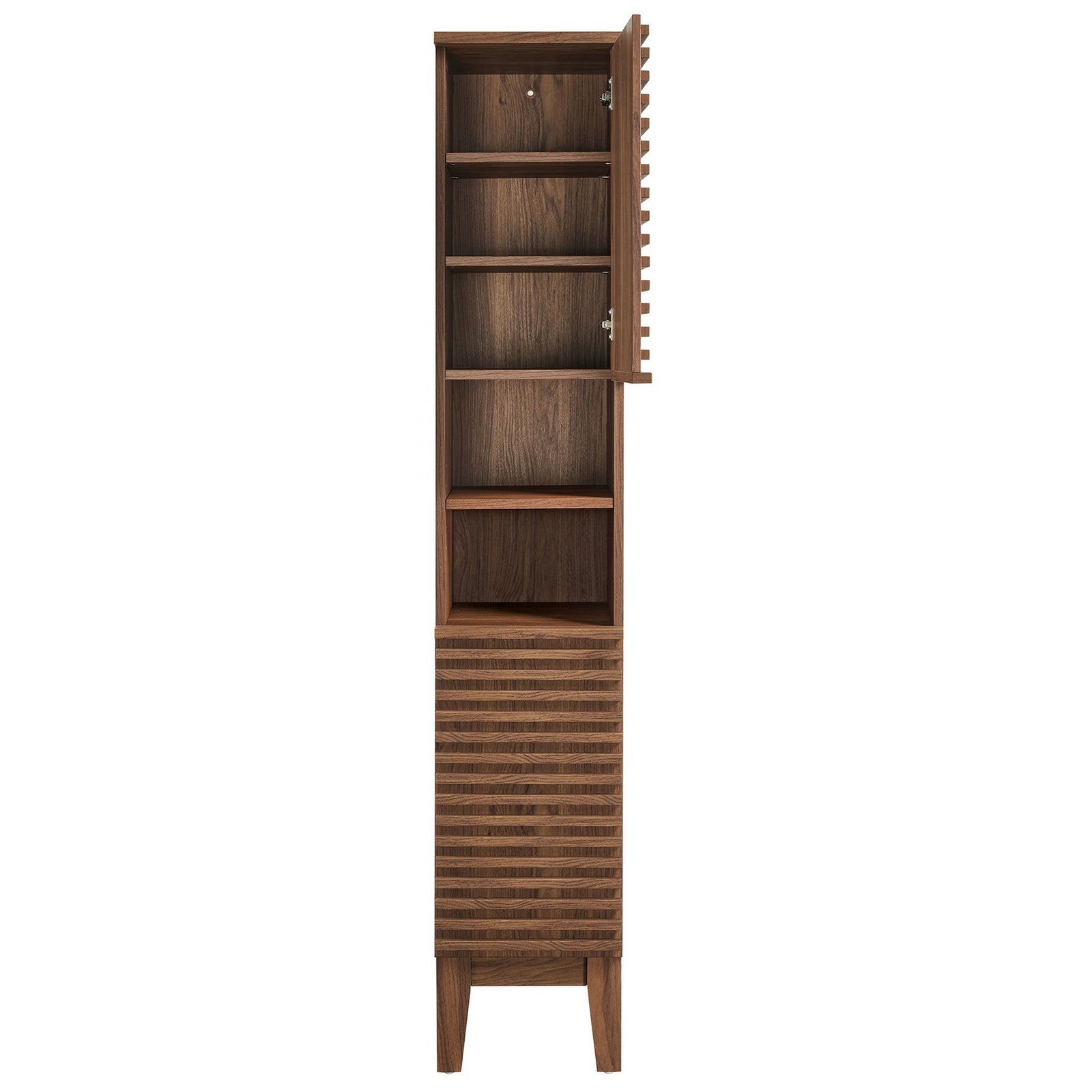Soft-close door reveals adjustable shelves for towels and essentials in a sleek walnut finish || EEI-6851-WAL || front_open_studio