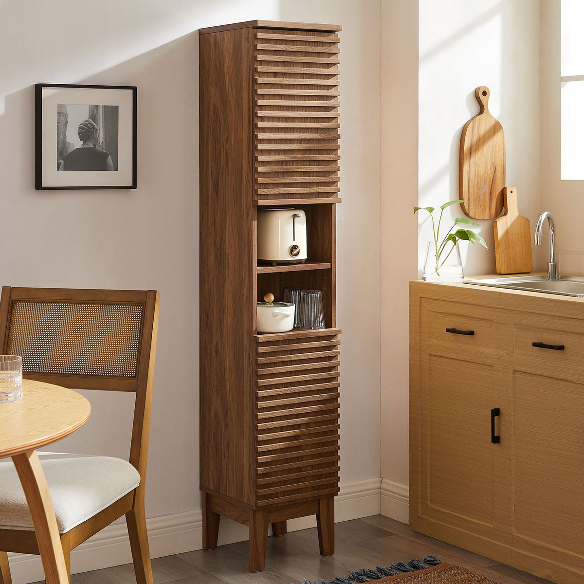 Elevates everyday storage with a warm walnut tone and airy mid-century stance || EEI-6851-WAL || front_angle_room