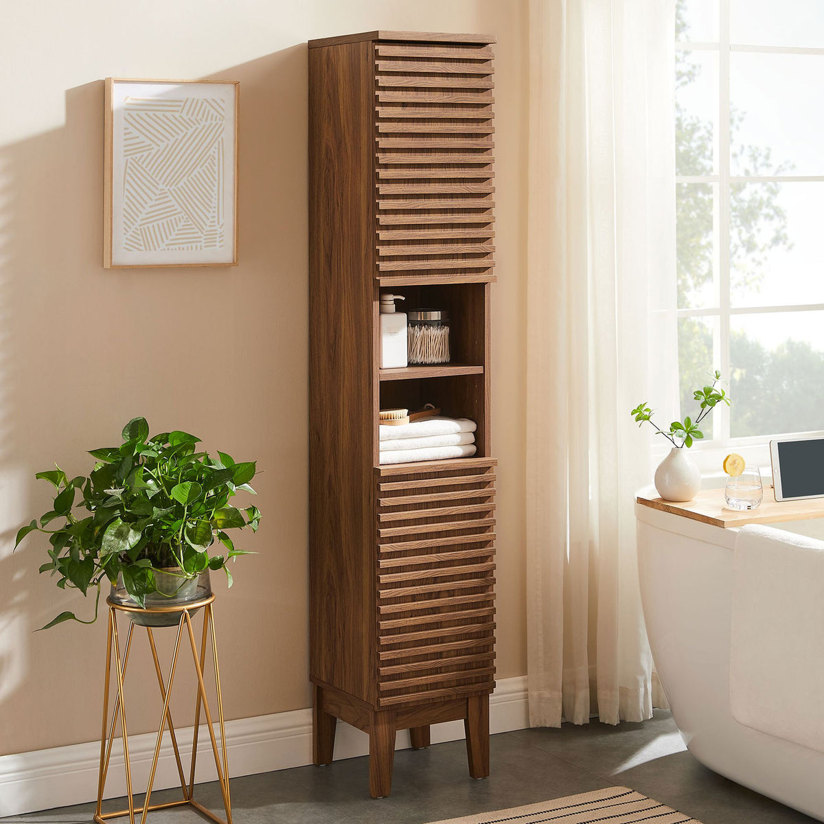 Slender footprint suits compact corners without sacrificing style or storage || EEI-6851-WAL || front_angle_room