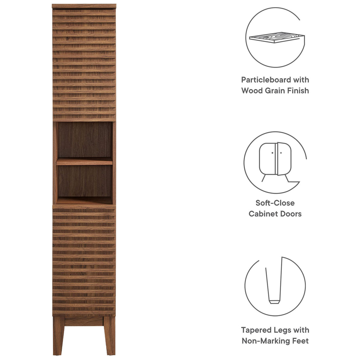 Durable particleboard with wood grain finish, soft-close doors, and non-marking tapered legs || EEI-6851-WAL || callout_studio
