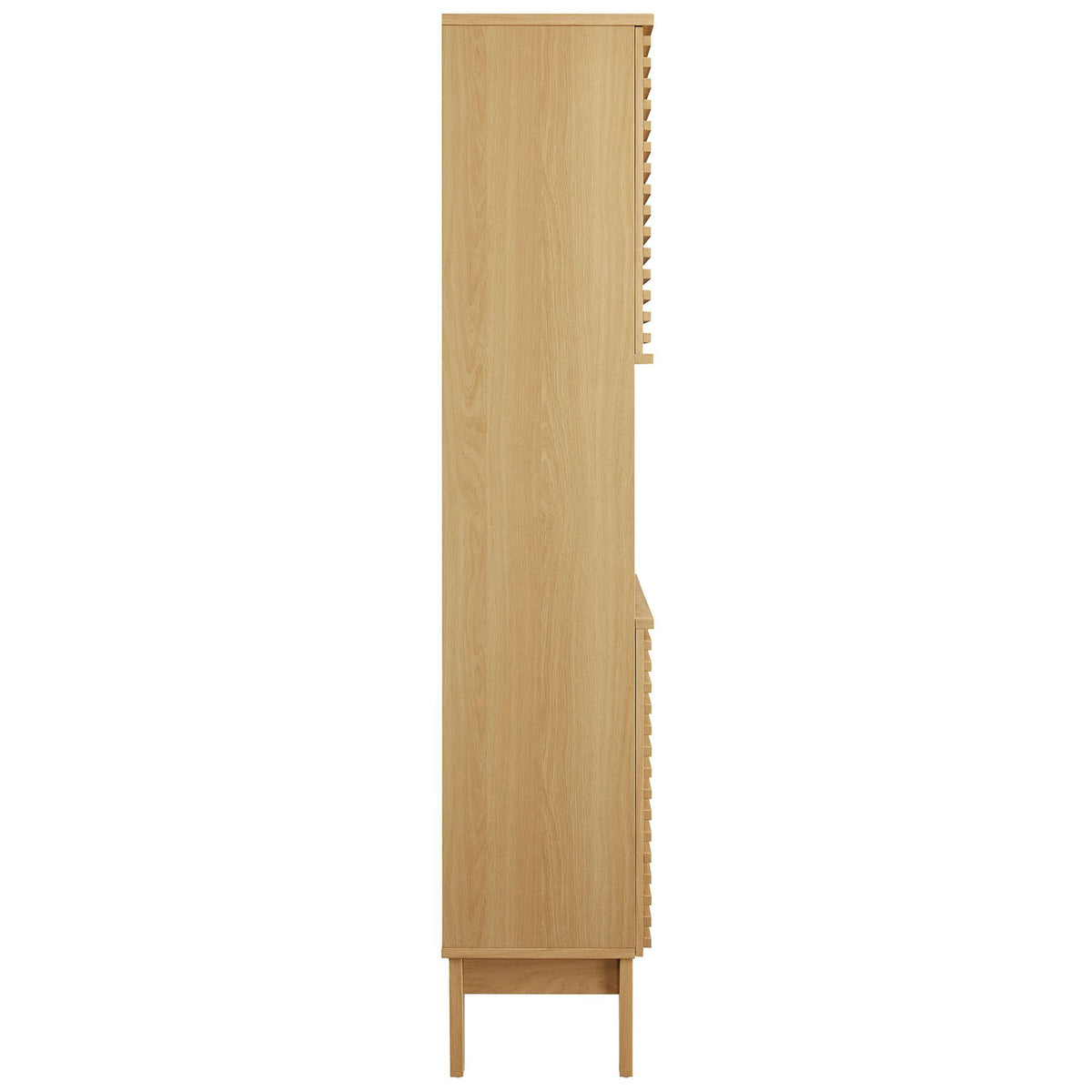 Slim profile cabinet highlights warm oak wood grain and tapered mid-century legs || EEI-6852-OAK || side_studio