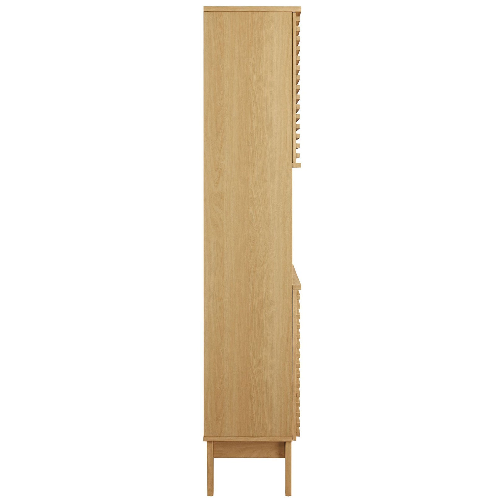 Slim profile cabinet highlights warm oak wood grain and tapered mid-century legs || EEI-6852-OAK || side_studio