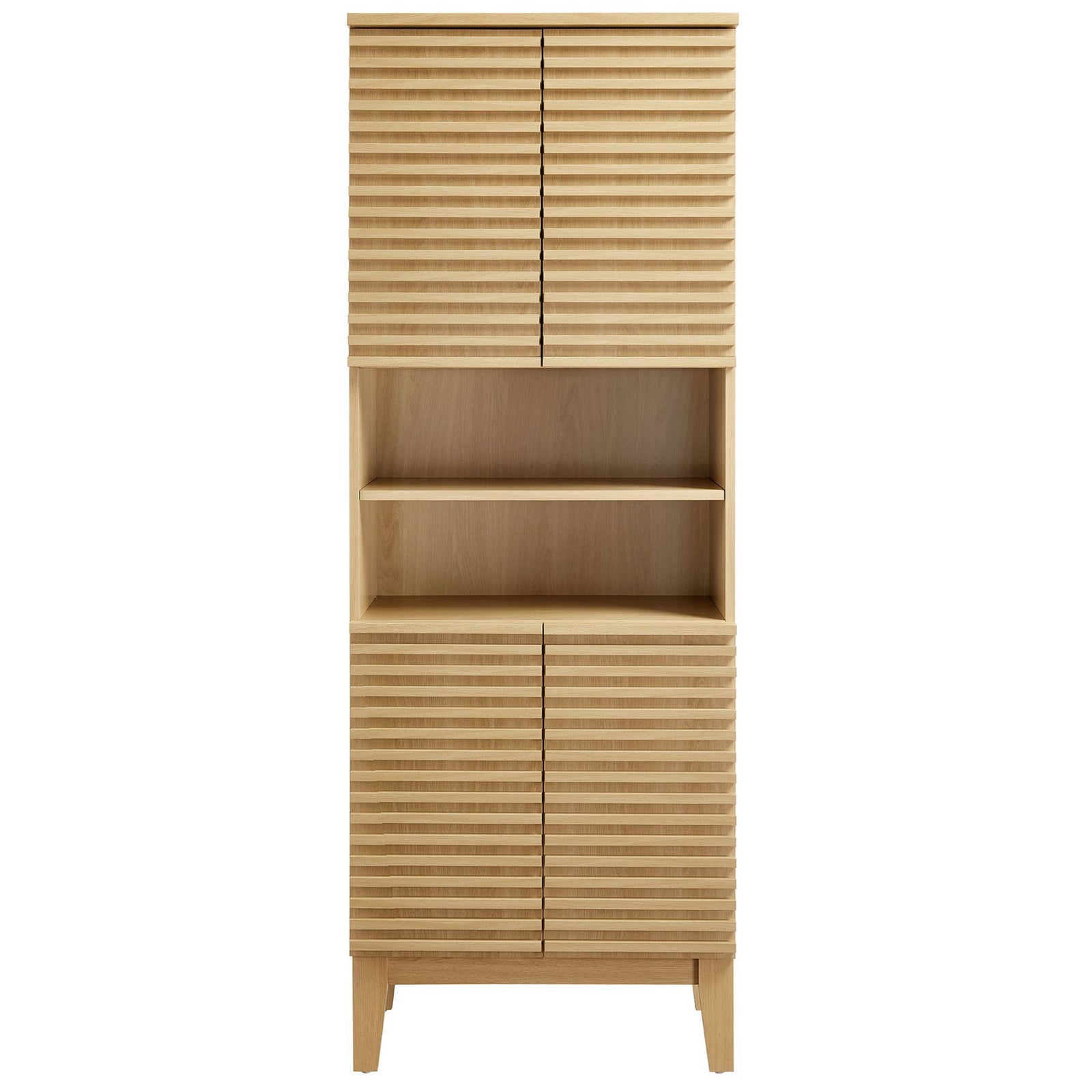 Tall oak cabinet with slatted doors and open display shelves on tapered legs || EEI-6852-OAK || front_studio
