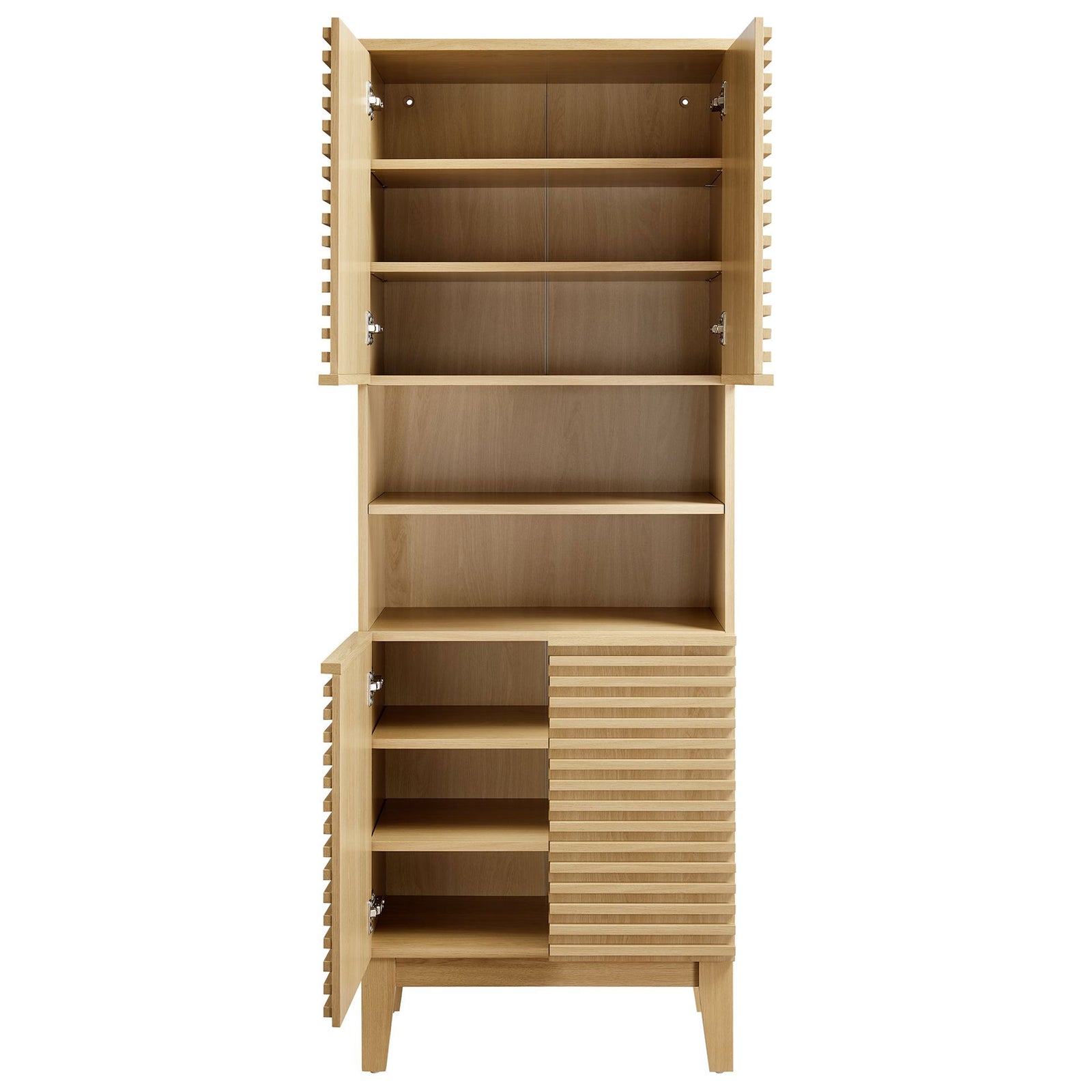 Doors open to reveal spacious adjustable shelves for linens and bathroom essentials || EEI-6852-OAK || front_open_studio