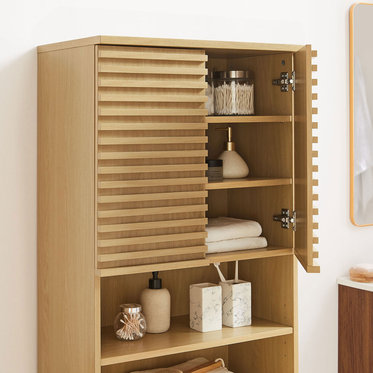 Upper cabinet storage with adjustable shelves keeps toiletries neat and within reach || EEI-6852-OAK || storage_open_room