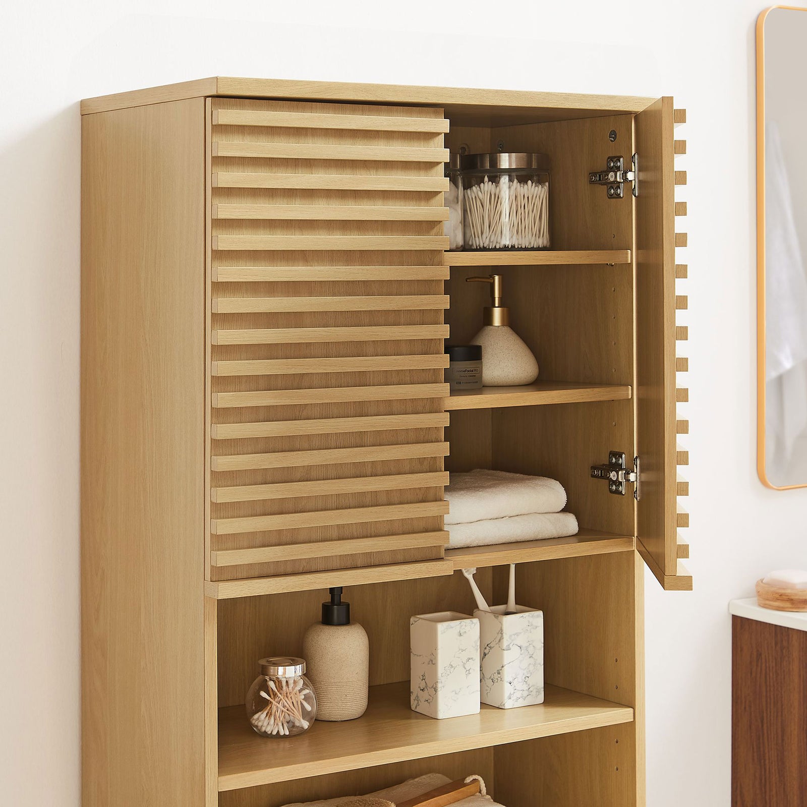 Upper cabinet storage with adjustable shelves keeps toiletries neat and within reach || EEI-6852-OAK || storage_open_room