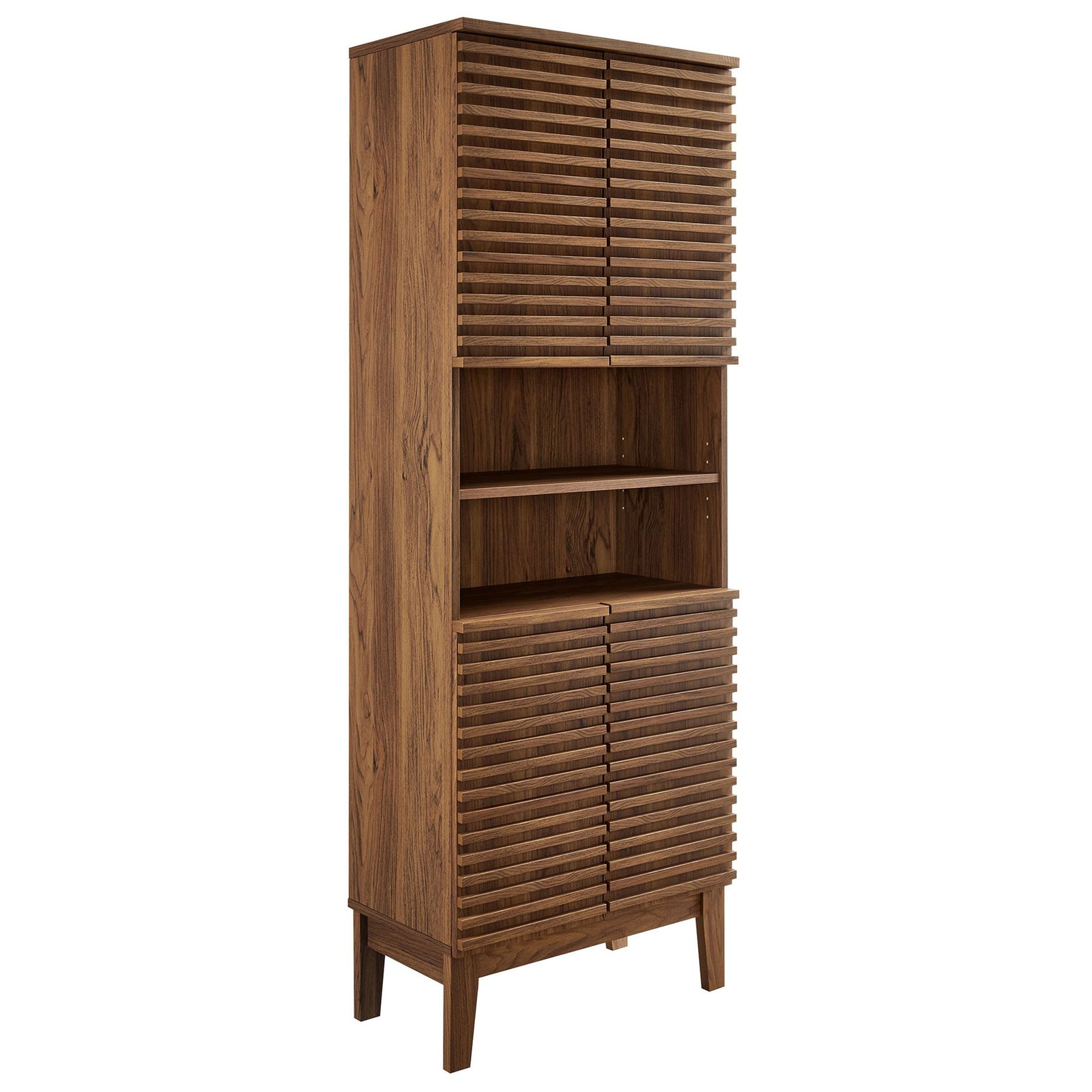 Streamlined walnut tower with crisp slatted fronts and a warm, natural wood look || EEI-6852-WAL || front_angle_studio