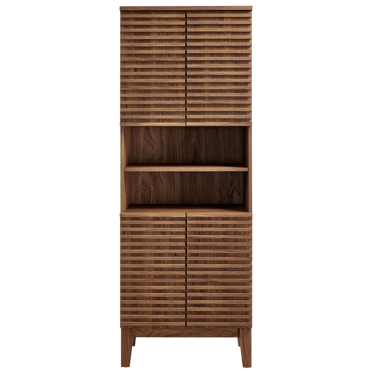 Mid-century tall cabinet with slatted doors, walnut wood grain, and tapered legs || EEI-6852-WAL || front_studio