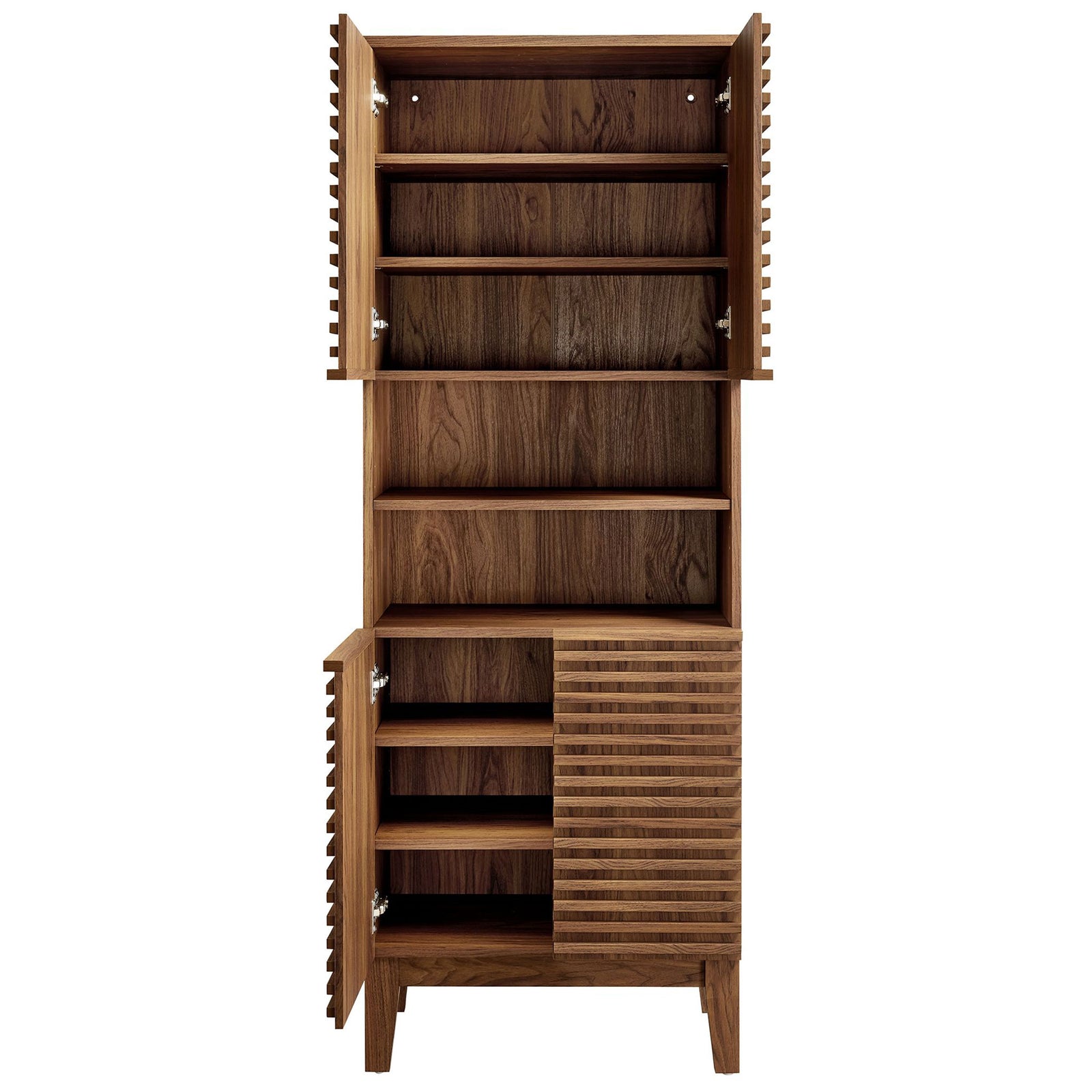 Adjustable shelves behind soft-close slatted doors with a central open display niche || EEI-6852-WAL || front_open_studio