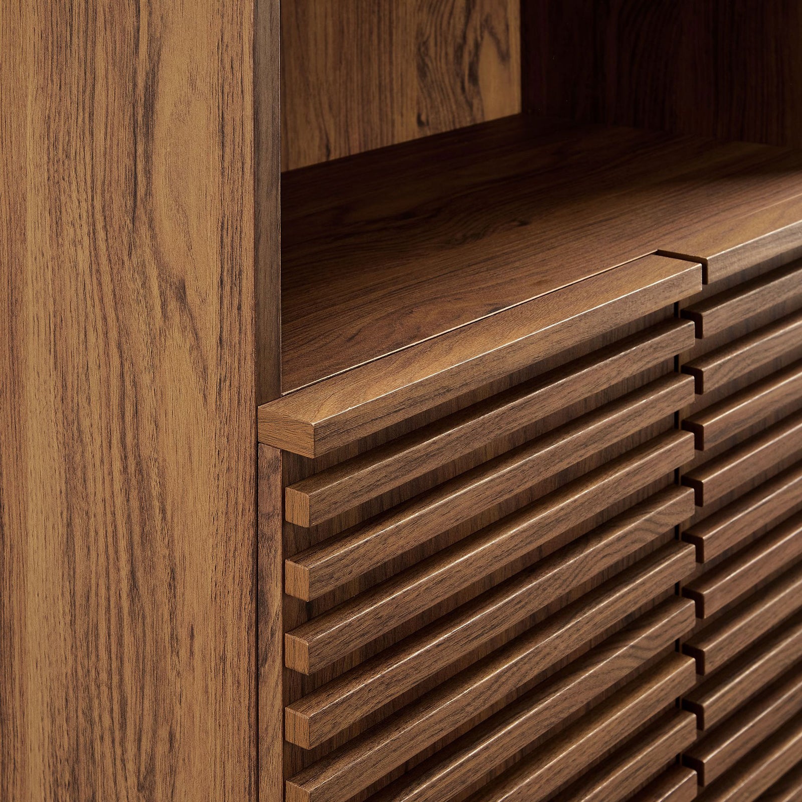 Crisp slatted facade and smooth wood grain laminate with clean, flush edges || EEI-6852-WAL || detail_studio