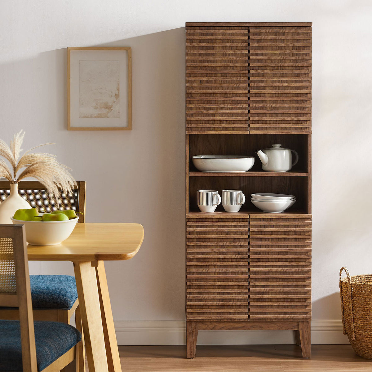 Versatile tall cabinet adds warm walnut texture and clean lines to modern spaces || EEI-6852-WAL || front_room
